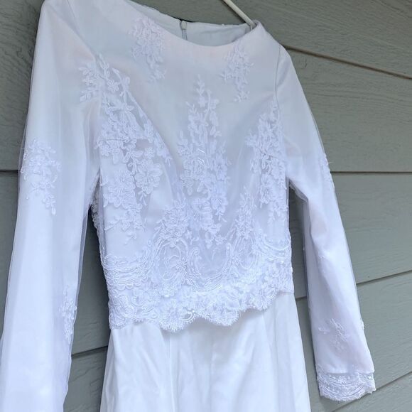 White lace Long Sleeve wedding elopement modest Courthouse LDS Temple dress S - Picture 13 of 14